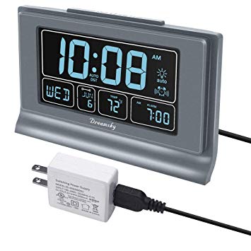 DreamSky Auto Set Digital Alarm Clock with USB Charging Port, 6.6 Inches Large Screen with Time/Date/Temperature Display, Full Range Brightness Dimmer, Auto DST Setting, Snooze. (Gray)