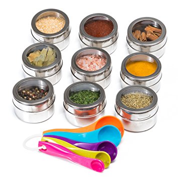 Nellam Spice Rack Magnetic Storage Jars for Spices - 9pcs Stainless Steel Kitchen Containers with Clear Top - Organizer Tins Kit include a Measuring Spoon Set