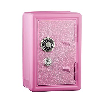 Kids Safe Bank, Made of Metal, with Key and Combination Lock, Pink,