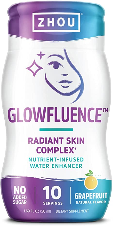 Zhou Glowfluence Water Enhancer | Liquid Collagen | Hyaluronic Acid and Vitamin C Supplement for Skin Health | 10 Servings, 1.69 fl oz