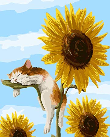 iCoostor Paint by Numbers DIY Acrylic Painting Kit for Kids & Adults Beginner – 16” x 20” Lazy Cat Sleeping On Sunflower Pattern with 3 Brushes & Bright Colors