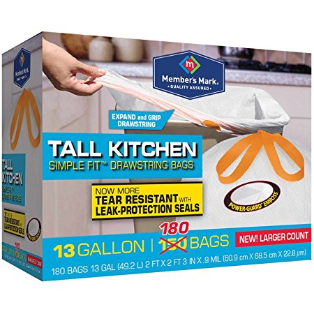 Member's Mark Tall Kitchen Simple Fit Drawstring with Fresh Clean Scent 13 Gallon Bags 180 ct