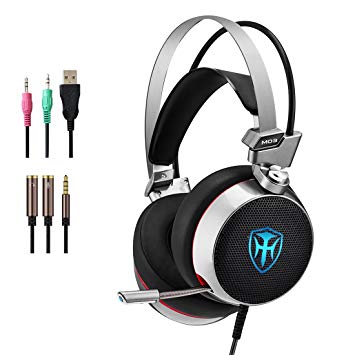 PC Gaming Headset with Mic, 3D Surround Sound Headphones with 50mm Speaker Driver, Noise Cancelling Over-Ear Headsets with LED Light - 3.5mm Connection for PS4/ Xbox One Controller/ Laptops/Smartphone