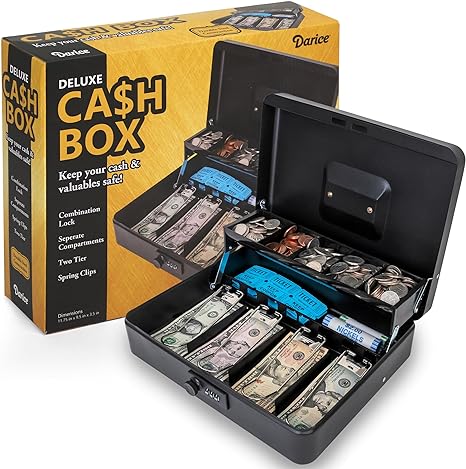 Cash Box - Extra Large Money Safe for Cash- Foldable Money Box Organizer - Lock for Safety - Extra Compartment - Handle (9.5"x 11.75"x 3.5")