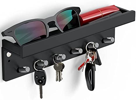 HIIMIEI Magnetic Key Rack with Tray, 6 Hooks Black Acrylic Wall Mounted Key Holder with Top Shelf for Entryway Hallway