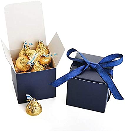 AWELL Navy Blue Gift Candy Box Bulk 2x2x2 inches with Blue Ribbon Party Favor Box,Pack of 50