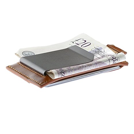 Oak and Steel Genuine Leather Compact Money Clip Wallet, Card Case, Secure RFID Blocking - Light Brown