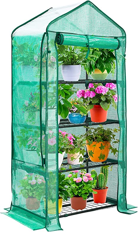 Mini Greenhouse with Screen Roof, Ohuhu Upgraded Portable 4 Tier Small Greenhouses for Outdoors Indoor with Reelable Door, Heavy Duty Plastic Green House for Outside Garden Patio Yard Porch Balcony