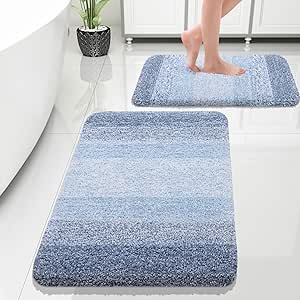 OLANLY Luxury Bathroom Rug Set 2 Piece, Soft Absorbent Microfiber Bath Rug Set, Non-Slip Striped Bath Carpet, Machine Wash Dry, Bath Mats for Bathroom (30"x20" 24"x16", Blue)