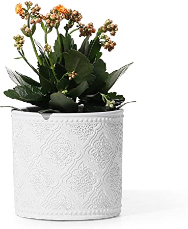 Cement Plant Pot - POTEY 6 Inch Indoor Pot with Drainage Hole for All House Plants - 801, White