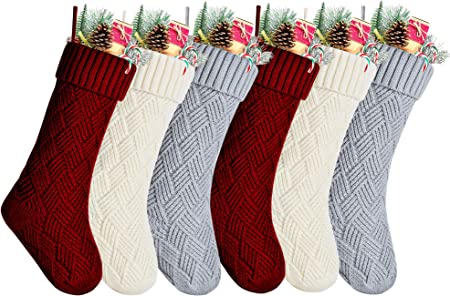 Kunyida Pack 6,18" Burgundy Gray Ivory Knit Christmas Stockings