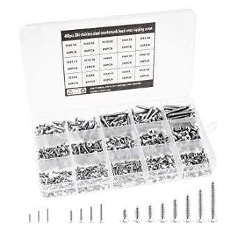 460Pcs Flat Head Self-Tapping Screws Assortment Kit, Stainless Steel Cross Drive Countersunk Head Tapping Screws Set with Storage Box(M2 M3 M4/15 Sizes)