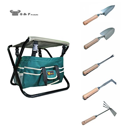 7 Piece All-In-One Premium Garden Tool Set,Heavy Duty Folding Stool, detachable Canvas Tool Bag and Heavy Duty Steel Tools