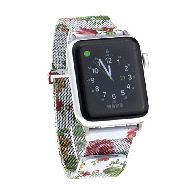 ECSEM 1pc Band for Apple Watch 38mm, Replacement Premium Strong Iron Metal Milanese Loop Print Pattern Colorful Floral Flexible Wristbands Watch Straps for Apple Watch 38mm Series 3 2 1 Sport etc