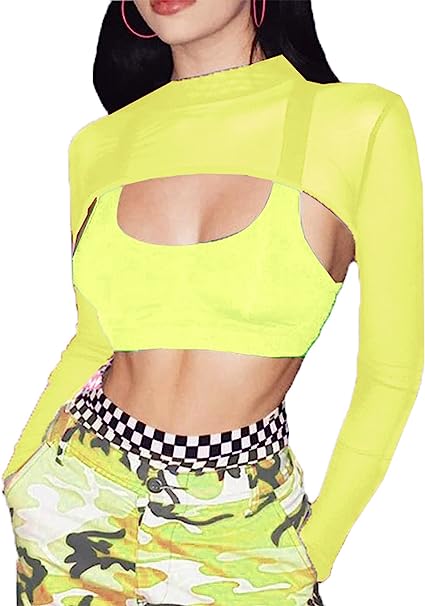 Avidlove Mesh Crop Tops for Women Mock Neck Long Sleeve Crop Top See Through Shirt Top Slim Fit Clubwear S-XXL