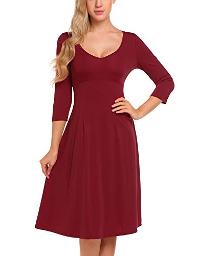 Zeagoo Women V-Neck 3/4 Sleeve Solid Fit and Flare Dress Casual Midi Dress