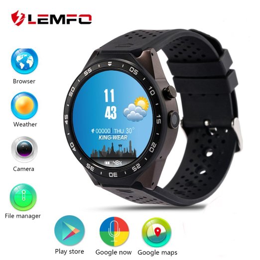 LEMFO KW88 3G Smart Watch Cell Phone All-in-One MTK6580 Android 5.1 Quad Core WiFi GPS Heart Rate Monitor (Gray Black)