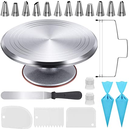 Kootek 22 Pcs Cake Decorating Kit with 12 Inch Aluminum Alloy Revolving Cake Turntable, Cake Leveler, Icing Spatula, 12 Numbered Piping Tips, 2 Silicone Pastry Bags, 2 Couplers, 3 Icing Smoother