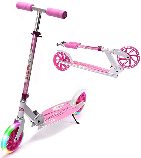 ChromeWheels Kick Scooter, Deluxe 8" Large 2 Light Up Wheels Wide Deck 5 Adjustable Height with Kickstand Foldable Scooters, Best Gift for Age 9 up Kids Girls Boys Teens, 200lb Weight Limit