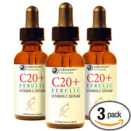 NuFountain C20+Ferulic 3-Pack Vitamin C Serum, Oil Free. 3 1 Oz. Bottles 20% LAA, Ferulic and Hylaronic Serum. Made Fresh When Ordered with