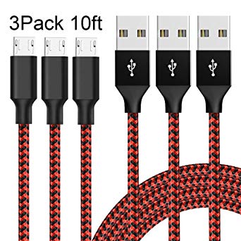 AOFU Micro USB Cable,3Pack 3 * 10FT Long Nylon Braided High Speed 2.0 USB to Micro-USB Charging Cables Android Fast Charger Cord for Samsung Galaxy S7 Edge/S6/S4, Note 5/4 (Black Red)