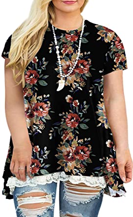 VOGRACE Plus-Size Summer Tops for Women Lace T Shirts Flowy A-Line Tunics