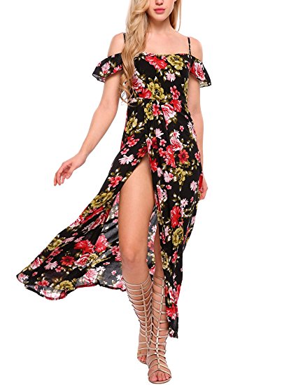 Beyove Women Floral Off Shoulder Strappy Backless High Split Beach Maxi Dress