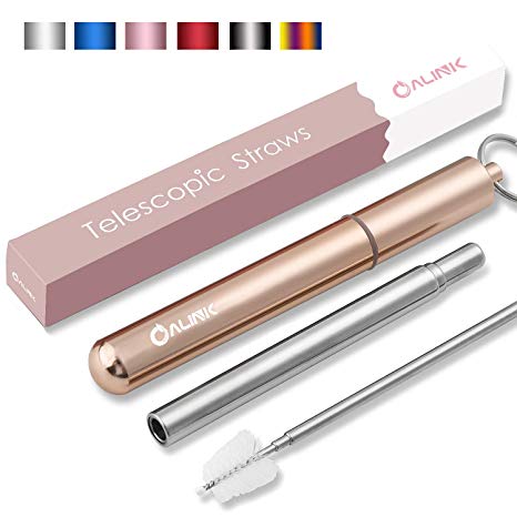 ALINK Portable Reusable Collapsible Drinking Straws - Telescopic Stainless Steel Foldable Metal Straw with Aluminum Case & Cleaning Brush-Rose Gold