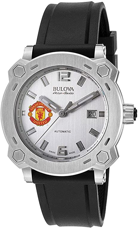 Men's Bulova Watch Stainless Steel AccuSwiss Automatic w/ Silver Dial and Manchester United Crest