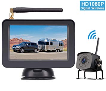 HD 1080P Digital Wireless Backup Camera System for RV/Truck/Van/Trailer/Pickup with 5''Monitor High-Speed Observation System Night Vision IP 69K Waterproof Guide Lines On/Off Continuous/Reverse Use