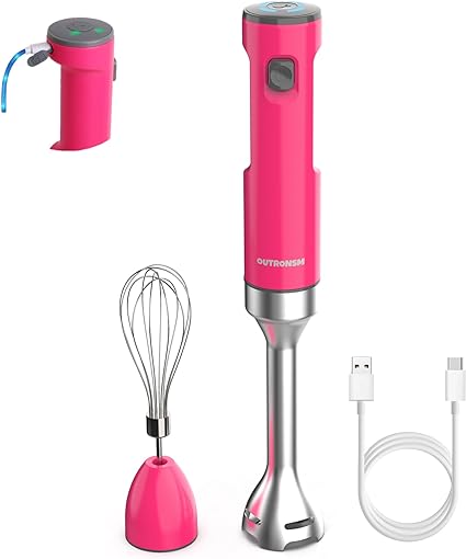 Cordless Hand Blender, OUTRONSM Cordless Immersion Blender Rechargeable, with Charging Cable, Egg Whisk, for Smoothies, Milkshakes, Hummus and Soups – Red