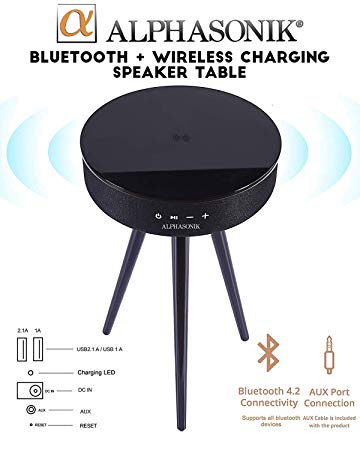Alphasonik Decor Modern Home Portable Bluetooth Speaker 360 Surround HD Sound with 10 Speakers Drivers Built-in Qi Wireless Charger Dual USB AUX Inputs End Table Coffee Table Night Stand Piano Black