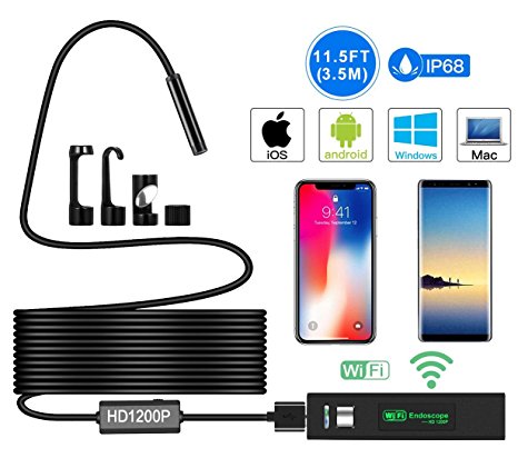 Wireless Endoscope, 2.0MP 1200P HD Inspection Camera Wi-Fi Borescope with 3.5 Meters(11.5ft) Cable and 8 LED IP68 Waterproof Snake Camera for iOS and Android Smartphone Windows/MAC System