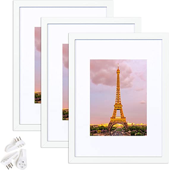 upsimples 9x12 Picture Frame Set of 3,Made of High Definition Glass for 6x8 with Mat or 9x12 Without Mat,Wall Mounting Photo Frame White