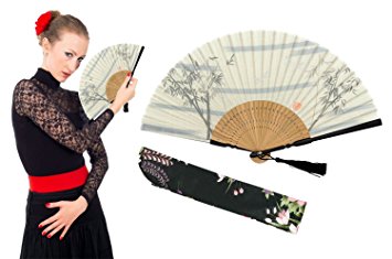 OMyTea "Bamboo Forest" Folding Hand Held Fan for Women - With a Fabric Sleeve for Protection - Chinese / Japanese Vintage Retro Style for Wedding, Dancing, Church, Party, Gifts (White)