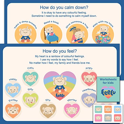 Feelu Colour-coded Feelings Chart & Calming Poster For Kids - Includes 2 Laminated 12”x18” & 6 Emotions Mini-Stickers - Social Emotional Learning - Calm Down Corner - Teacher Back To School Supplies - Daycare Supplies - For Home, Classroom, Therapy - E-worksheets Included