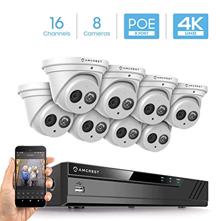 Amcrest 4K Security Camera System w/ 4K 16CH (8-Port PoE) NVR, (8) x 4K (8-Megapixel) Metal Turret Dome POE IP Cameras (3840x2160), Hard Drive Not Included, NV4116E-IP8M-T2499EW8 (White)