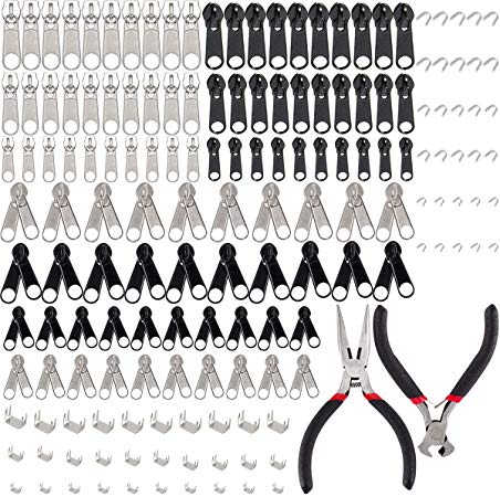 Biubee 162 Pcs Zipper Replacement Repair Kit- Zipper Rescue Accessories Kit with 2 Zipper Install Pliers Tools for Bags, Luggage and Jackets