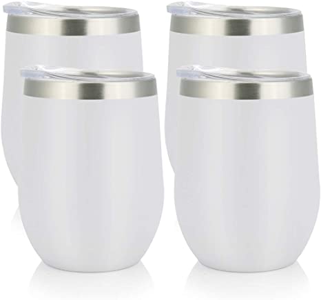 PURECUP Stainless Steel Insulated Wine Tumbler With Lid,12 oz,Double Wall Vacuum Insulated Cup,For Champaign,Cocktail, Beer,Coffee,Drinks,BPA Free(White 4 Pcs)