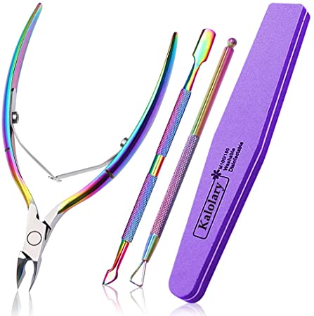 Kalolary 4 Pieces Cuticle Nipper with Cuticle Pusher Cutter Nail file Stainless Steel Cuticle Trimmer Clipper Nail Gel Remover Manicure Tools Set for Fingernails and Toenails (Chameleon)