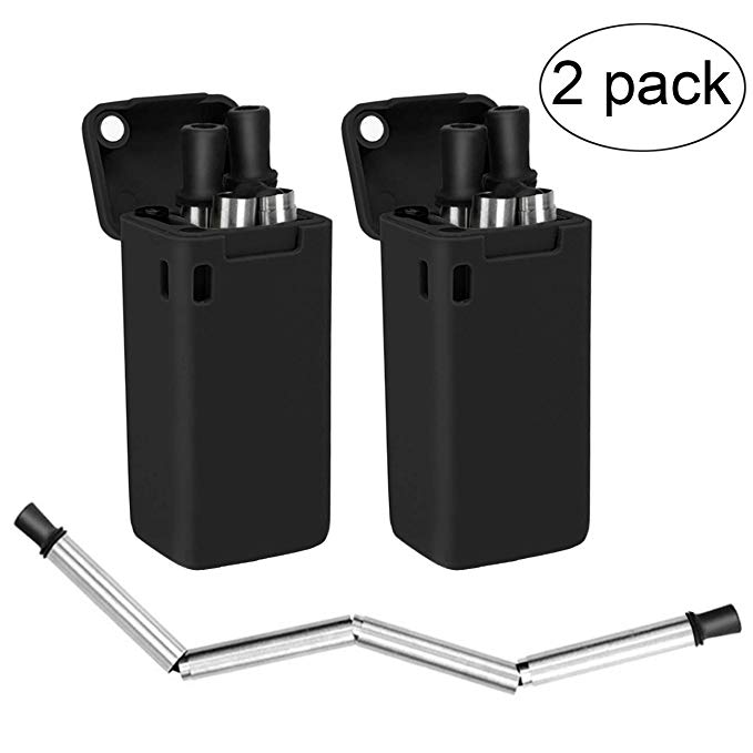Senneny 2 Pack Collapsible Reusable Drinking Straws Stainless Steel Premium Food-Grade Folding Drinking Straws Keychain Portable Set with Hard Case Holder & Cleaning Brush (Black & Black)