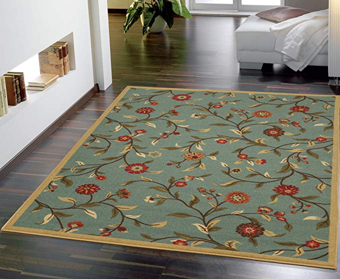 Ottomanson Floral Garden Design Modern Area Rug, 5' W x 6'6" L, Sage Green/Blue