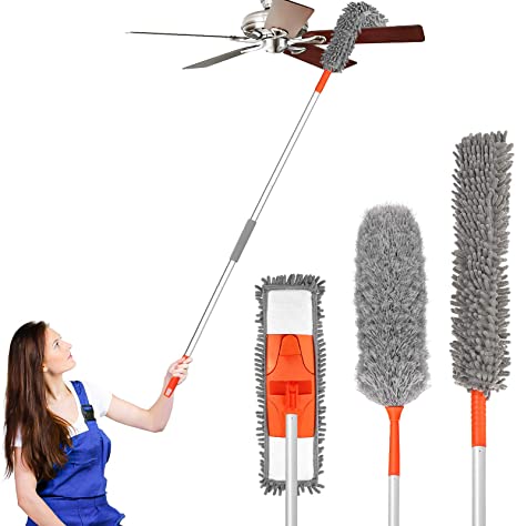 Baban Dusting Kit Microfiber Duster with 3 Extension Pole 5.54FT Cleaning Kit with 3 Attachments Microfiber Mop Flexible Duster Feather Duster for Ceiling Fan/Pianos/Floor Detachable & Washable
