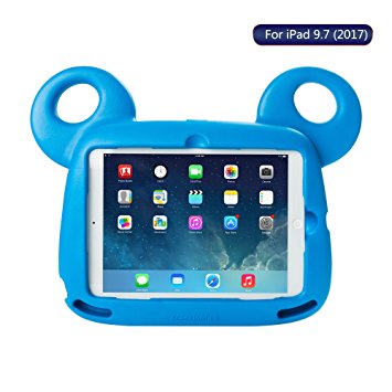 iPad 9.7 inch 2017 / iPad Air 2 / iPad Air Case, TRAVELLOR Kids Shockproof Lightweight Protective Carry Cover with Stand Handle Shoulder Strap, Cute Bear Design (Blue)