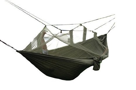 FOME Portable High Strength Parachute Fabric Hammock Hanging Bed With Mosquito Net For Outdoor Camping Travel (Army Green)