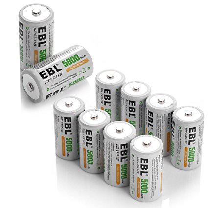 EBL 5000mAh Ni-MH Rechargeable C Batteries, 10 Pack