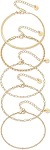 PAVOI 18K Gold Plated Chain Bracelet Pack for Women | Jewelry Set of 5 Stackable Bracelets Paperclip Snake Rope Figaro Beaded Chains