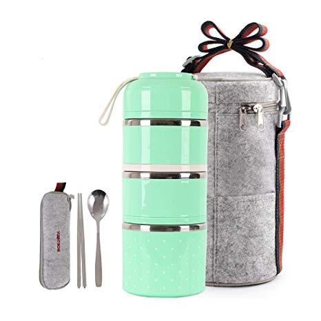 Lunch Box Stainless Steel Bento Box Insulated Lunch Bag Food Container Storage Boxes with Cutlery for Kids Children Teenager Adults Office School Camping,3 Tier Green