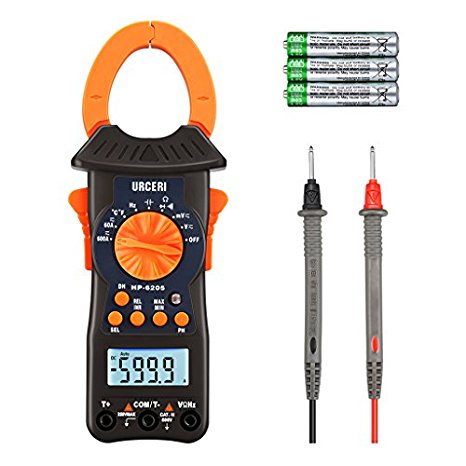 URCERI HP-6205 AC/DC Digital Clamp Meter 6000 Counts Autoranging Multimeter with Voltage Current Resistance Capacitance Frequency Diode Test, Black and Orange