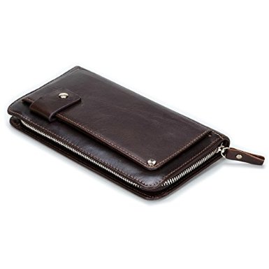 Mens Wallet Eilen First layer Wax Genuine Leather ZipperBusiness style Around Clutch Long Wallet Purse Case Handbag with Wrist Strap for Samsung galaxy S6 Samsung galaxy S5Samsung Galaxy Note 3 iPhone 6 plus 55 inch iPhone 6 47inch 6s HTC one M7M8M9 Chocolate